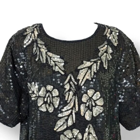 Vintage 80s Jewel Queen 100% Silk Beaded and Sequin Cut Out Hem Evening Top Sz S - Picture 3 of 9